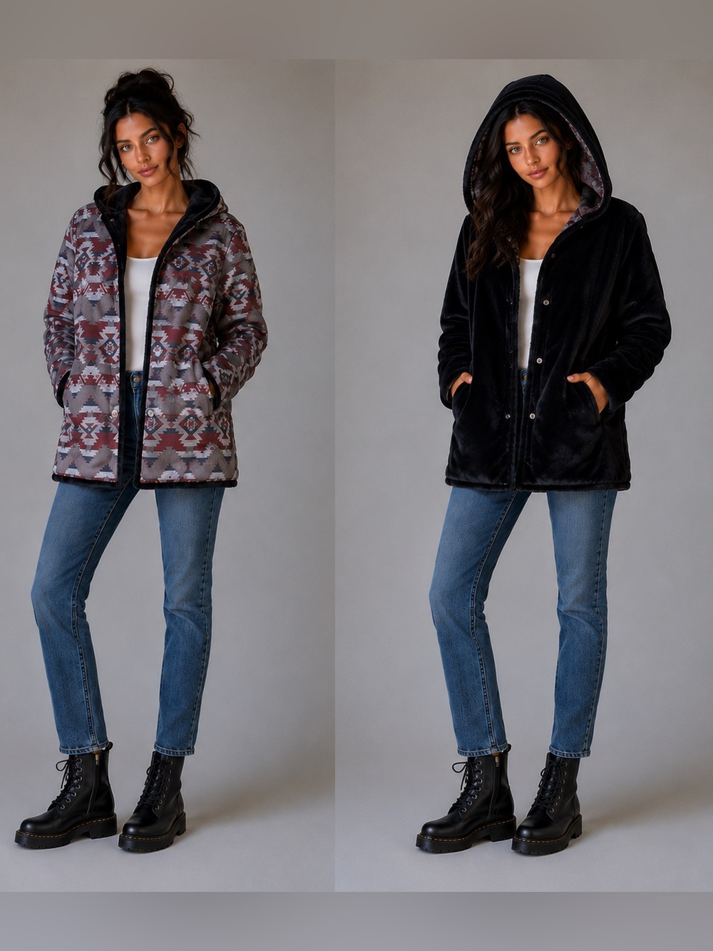 Pendleton Reversible Hooded heavy coat W/S Gray Aztec Print/black fux fur LN